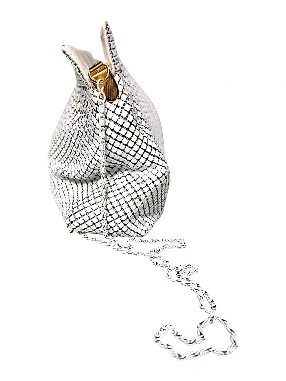 Bags by Marlo 80s Glam White Metal Mesh Oversized Clutch Evening Bag Chain Strap